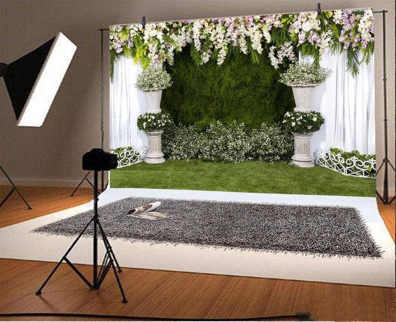Laeacco Arch Wedding Flowers Backdrop 10x6.5ft Vinyl Photography Background Stone Planter Flowers White Curtain Green Ivy Wall Decoration Outdoos Ceremony Green Grassfield Backdrop - Image 4